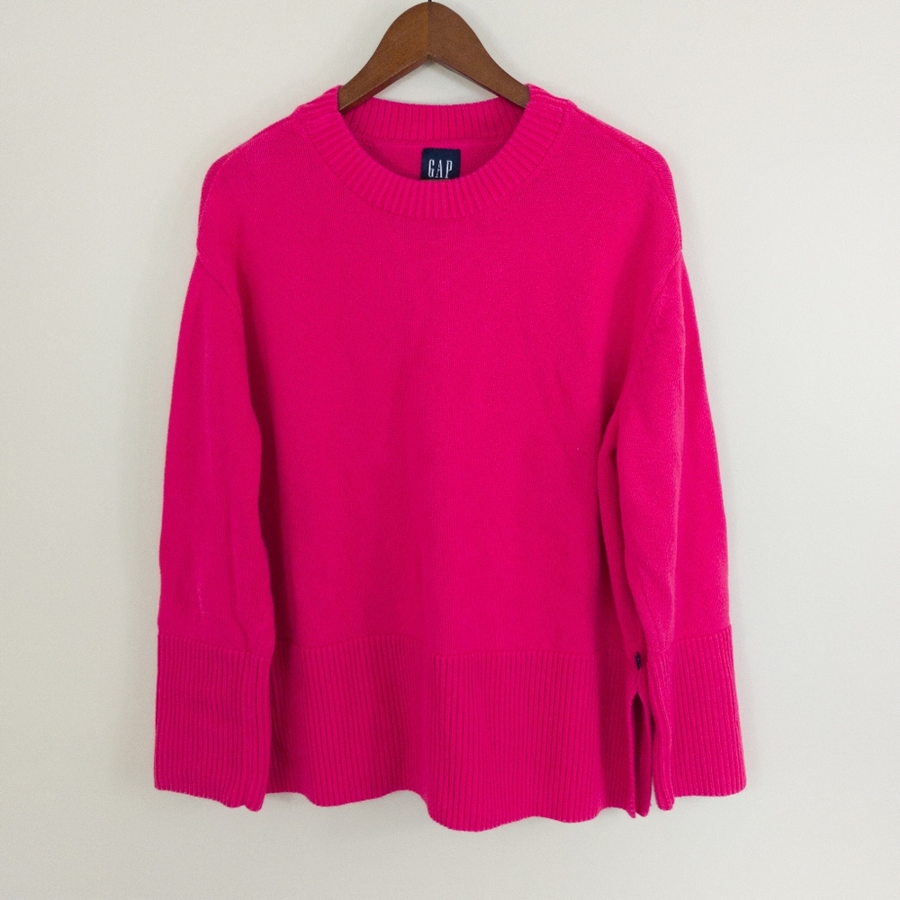 GAP Hot Pink 100% Cotton Crewneck Sweater Side Slits Size Large